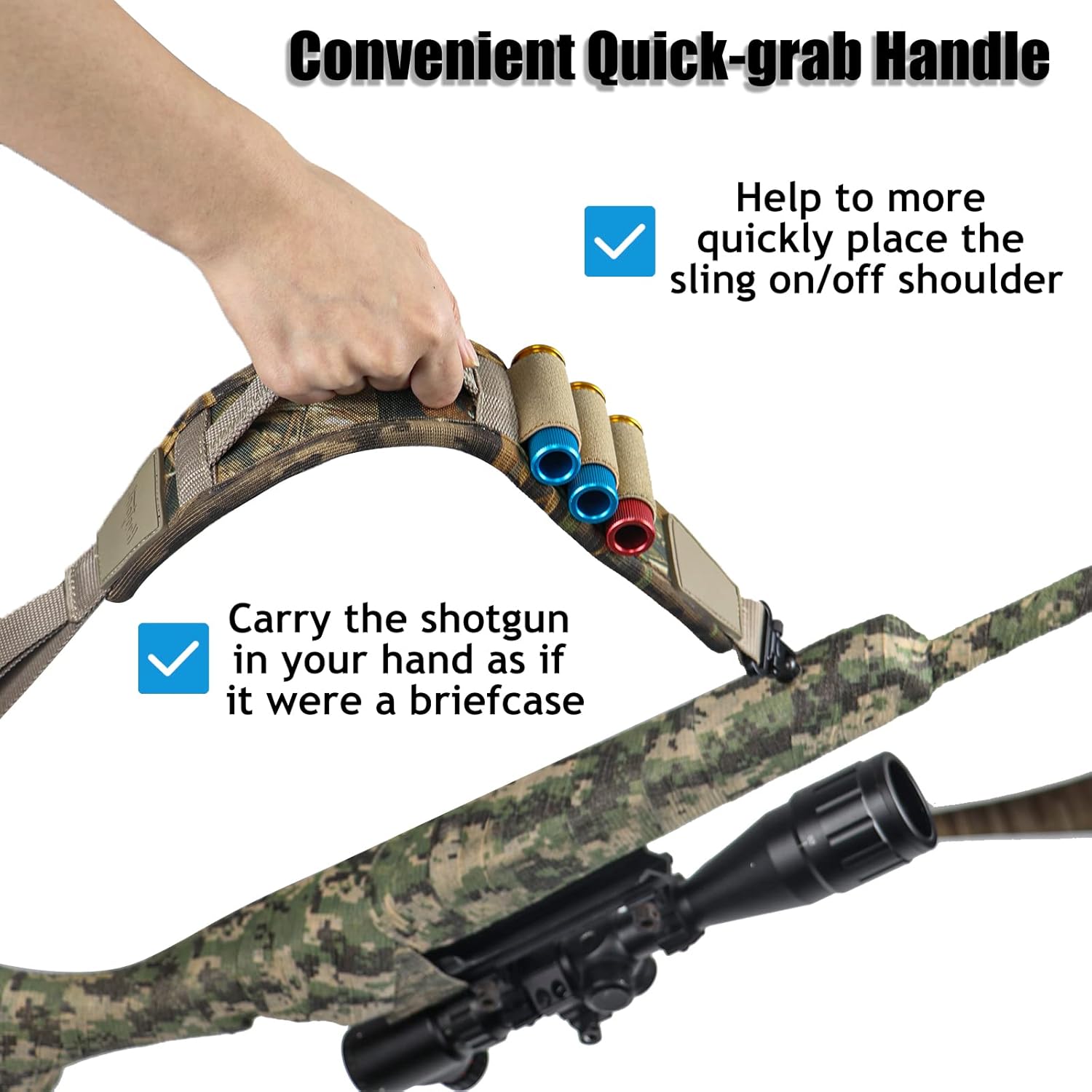 2 Point Gun Sling 12 Gauge Shotgun Sling with Quick-Grab Handle, 3 Shell Holders Ammo Cartridge Holder, Steel Swivels and Thumb Hole, 1.25" Nylon Webbing Belt Neoprene Padded Shoulder Strap - Image 2