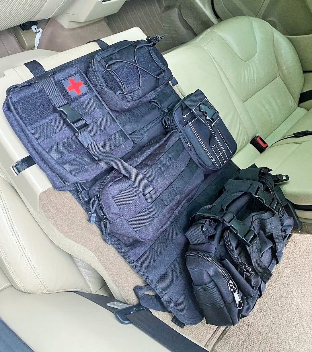 6 Pack Tactical Molle Automotive Seat Back Organizer Tactical Vehicle Panel Organizer with 5 Detachable Molle Pouch for Car Truck Ford Jeep Vehicle,US Flag Patch For Man (5 Pouches)