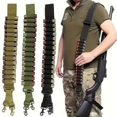 15-Round Bullet Belt with 2-Point Strap - Black, Camouflage, and Olive Green Options for Tactical Hunting and CS Games, Nylon Material, Tactical Gear Pattern | Durable Belt, Bullet Belt