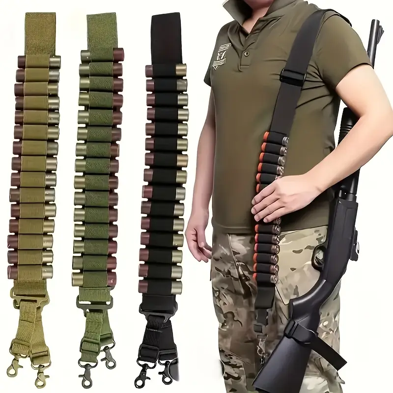 15-Round Bullet Belt with 2-Point Strap - Black, Camouflage, and Olive Green Options for Tactical Hunting and CS Games, Nylon Material, Tactical Gear Pattern | Durable Belt, Bullet Belt