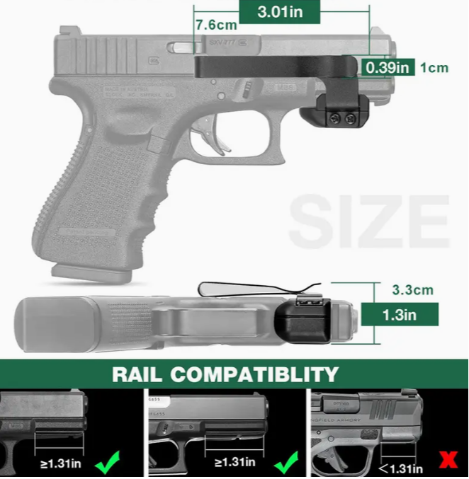 Universal Aluminum Alloy Low Profile Rail Gun Clip, Black, Concealed Carry Compatible with 1.31 Inch Gun with Rail, Secure Fit Accessory - Image 2