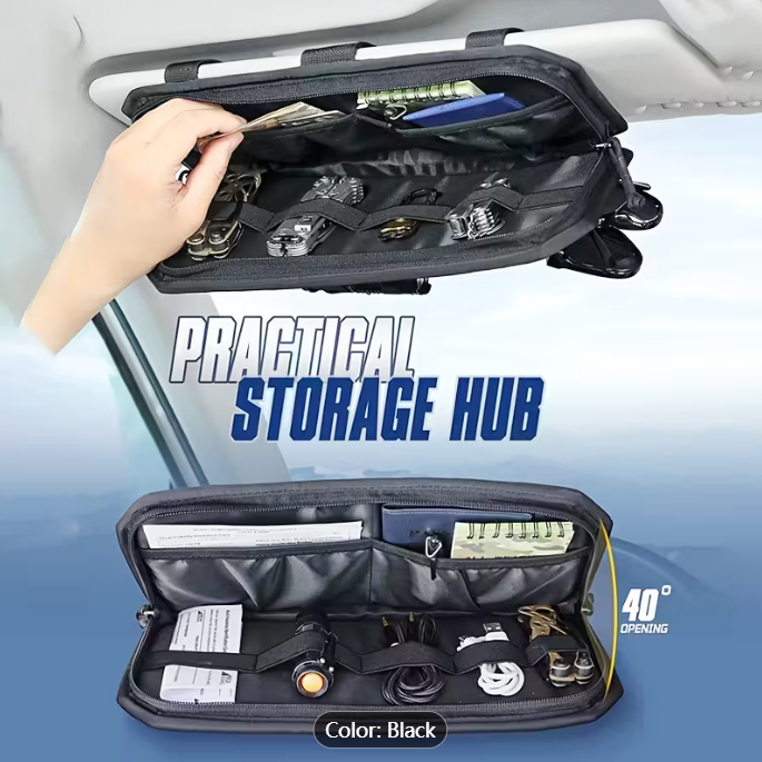 Car Sun Visor Organizer, Multi-Pocket Visor Organizer Storage Pouch with Zippers, Elastic Bands & Glasses Clip, Car Visor Accessories - Image 3