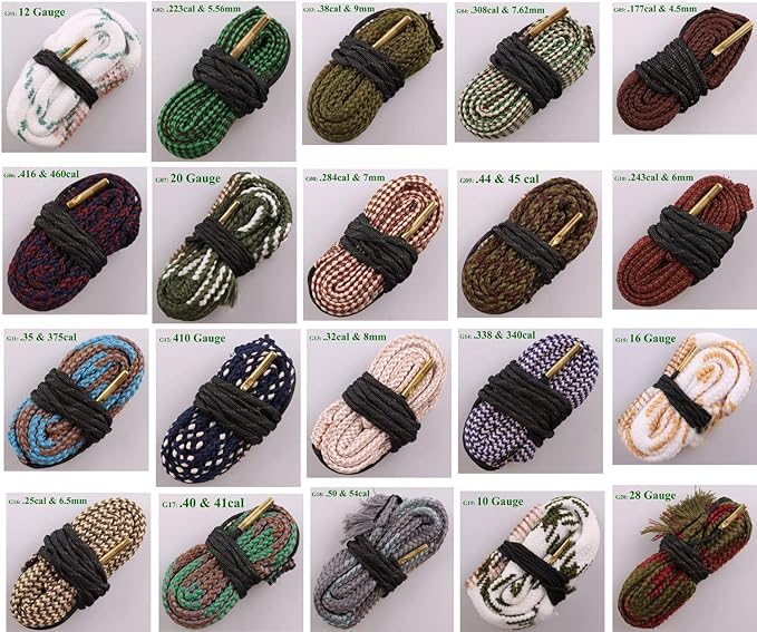 Bore Cleaner, Bore Cleaning Kit for .223 5.56mm/.22/9mm/.380/12 GA/.30/.308/.44 Cal and Others More Calibers, Reusable and Compact Bore Rope Brush Cleaner
